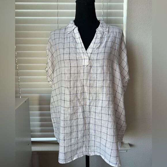 Tahari 100% Linen Checkered Plaid Pullover Shirt XL Lagenlook V-Neck Top Peasant - Picture 1 of 3